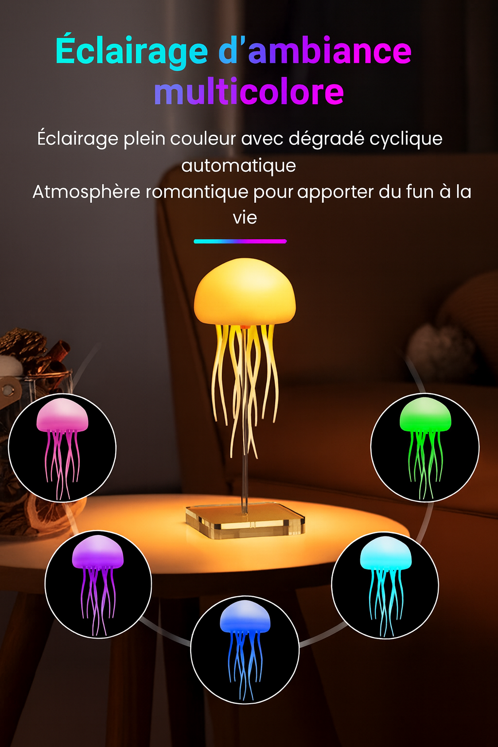 Lampe Méduse LED Multicolore avec Contrôle Vocal et Tactile