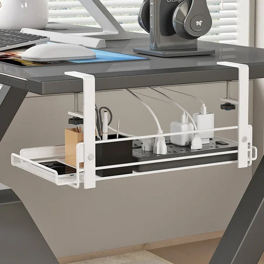 Plateau de gestion des câbles sous le bureau sans perçage – organisateur en acier pour fils, multiprises et chargeurs