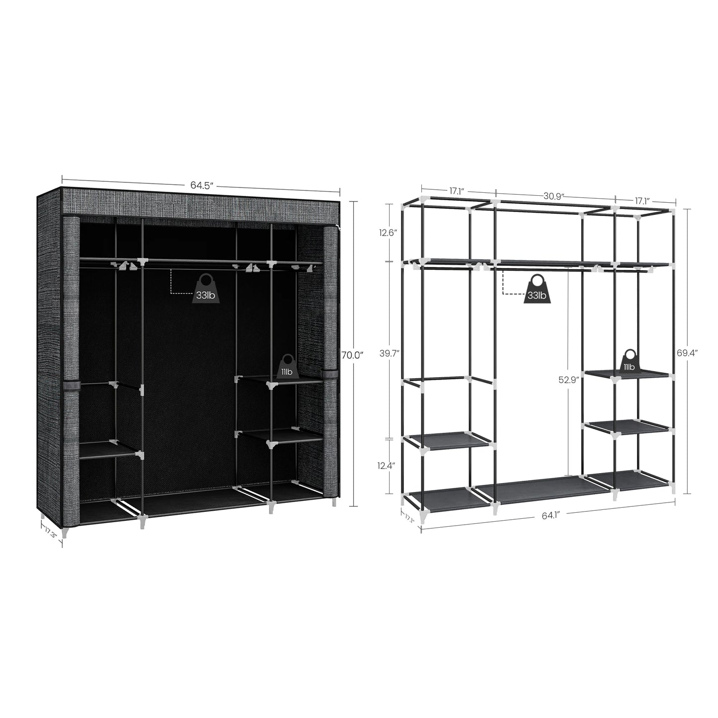 Armoire portable en tissu non tissé – 162 x 43 x 175 cm, 3 porte-vêtements avec housse zippée, couleur noire, pour chambre à coucher