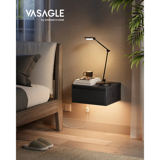 VASAGLE – Table de chevet suspendue avec lumière LED 3 couleurs, tiroir et étagère murale, style moderne pour chambre ou salon (35 x 40 x 18 cm)