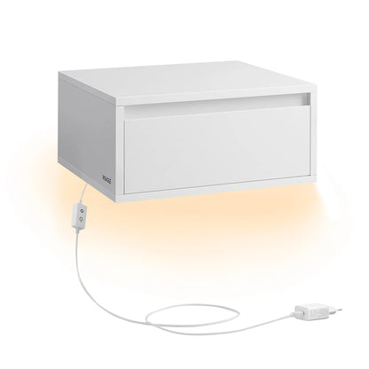 VASAGLE – Table de chevet suspendue avec lumière LED 3 couleurs, tiroir et étagère murale, style moderne pour chambre ou salon (35 x 40 x 18 cm)