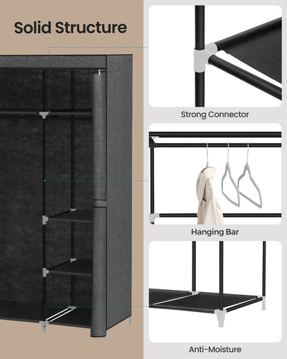 Armoire portable en tissu non tissé – 162 x 43 x 175 cm, 3 porte-vêtements avec housse zippée, couleur noire, pour chambre à coucher