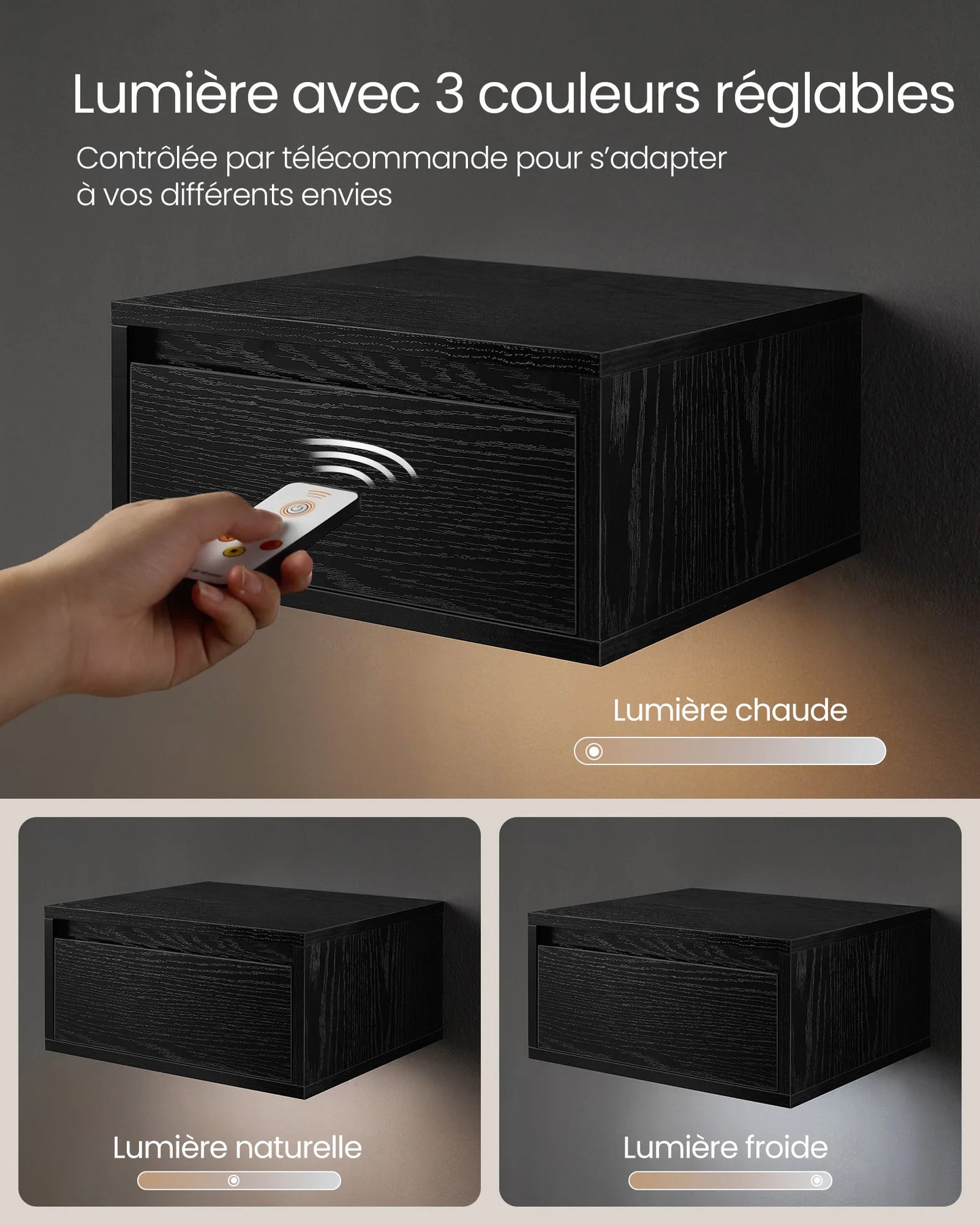 VASAGLE – Table de chevet suspendue avec lumière LED 3 couleurs, tiroir et étagère murale, style moderne pour chambre ou salon (35 x 40 x 18 cm)