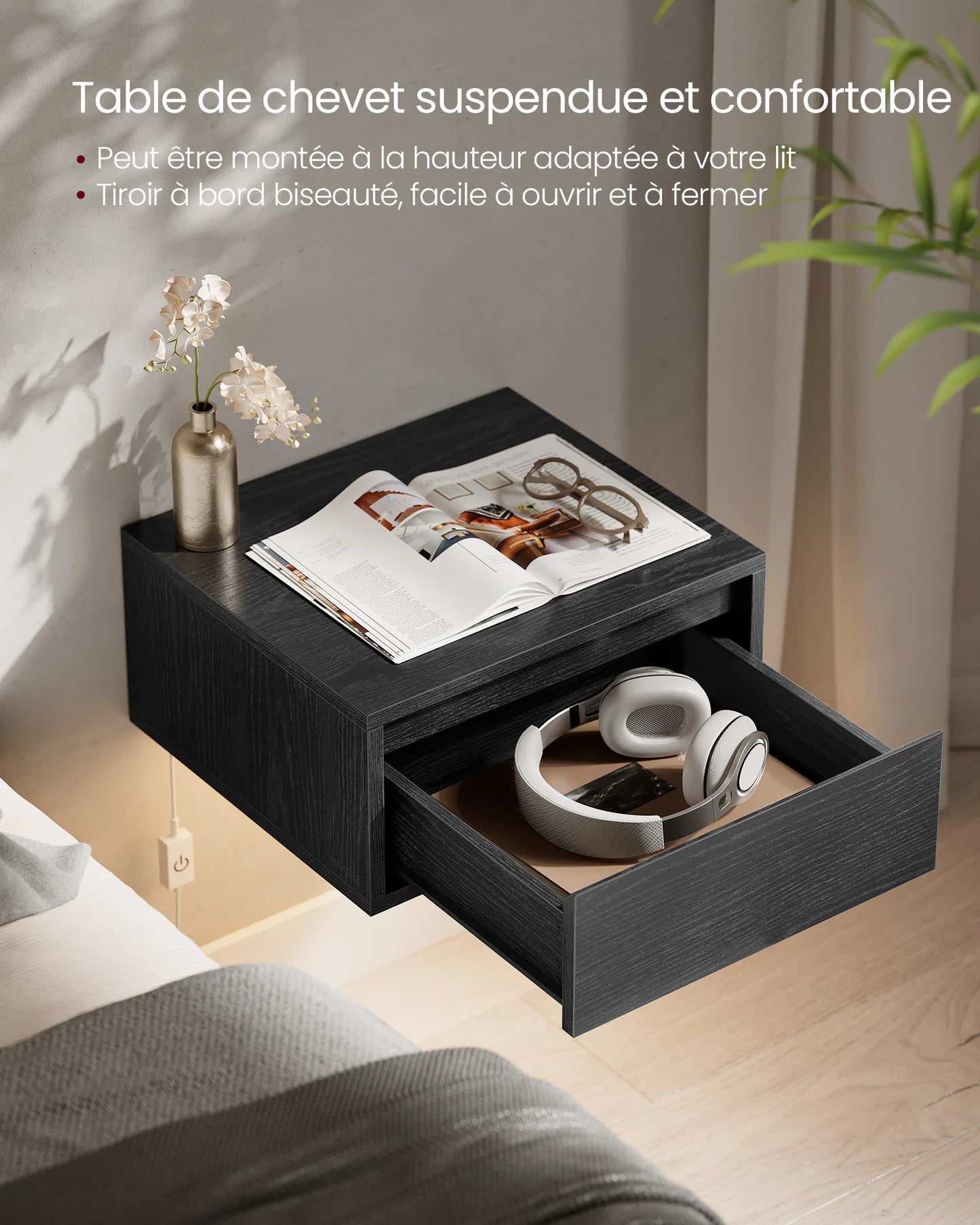 VASAGLE – Table de chevet suspendue avec lumière LED 3 couleurs, tiroir et étagère murale, style moderne pour chambre ou salon (35 x 40 x 18 cm)